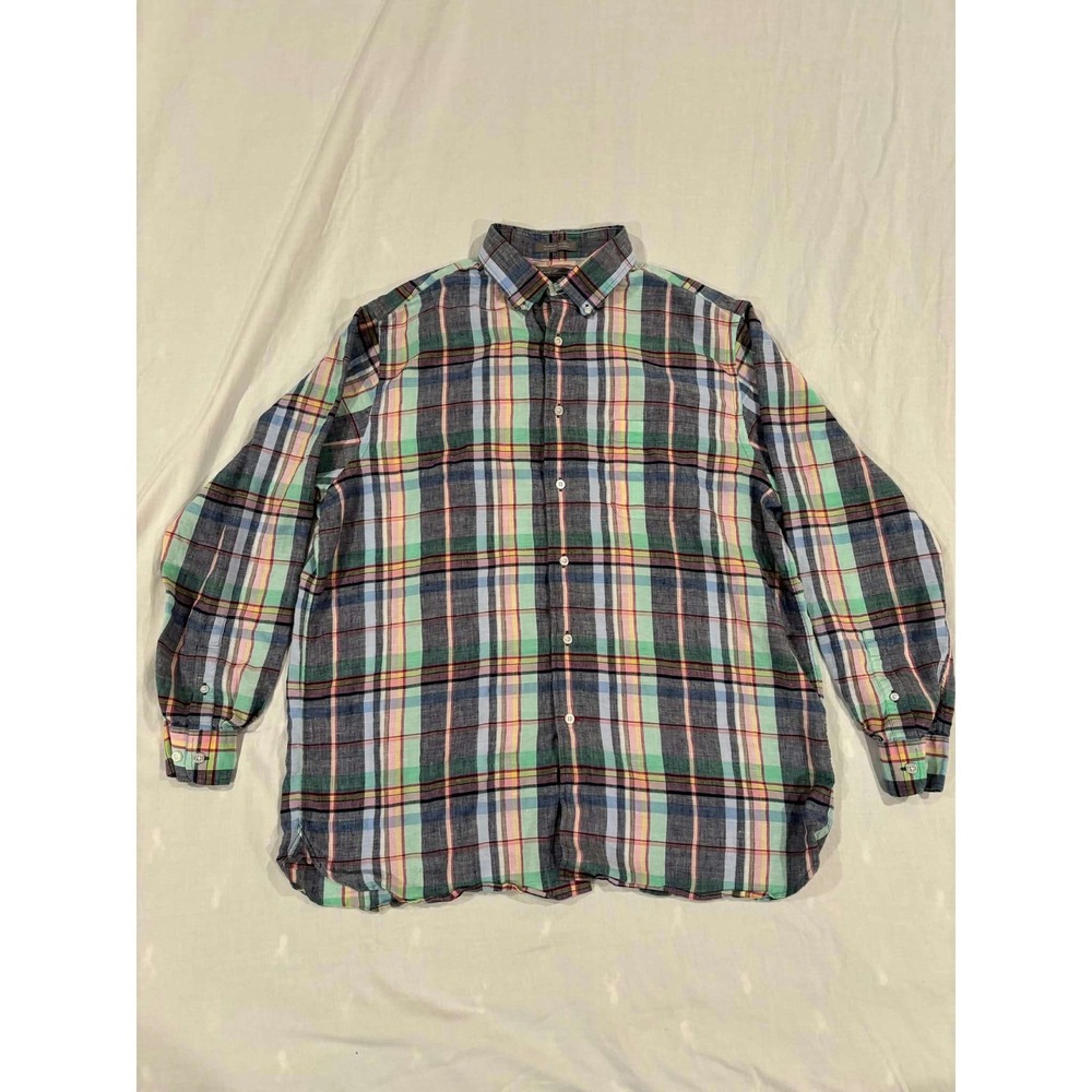 DANIEL CREMIEUX Men's XL Stretch Linen Plaid‎ Button Down Shirt Long Sleeve